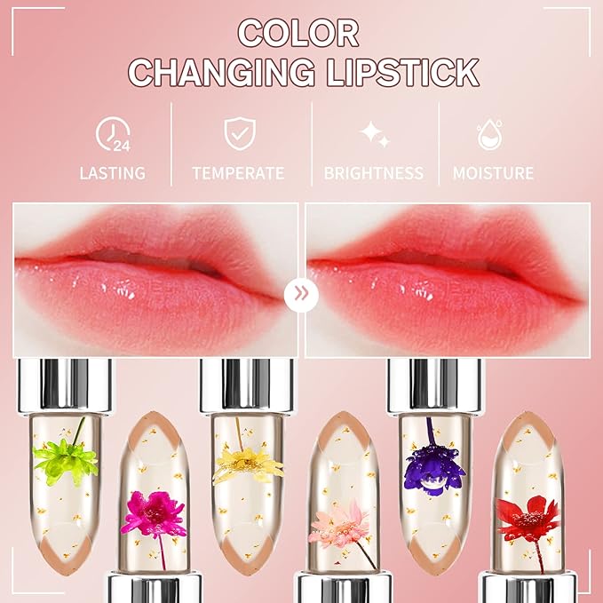 3 Pcs/Set Flower Jelly Lipstick Set Temperature Change Moisturizer Long Lasting Nutritious Balm Magic Color Change Lip Gloss (3Pcs Flower Jelly Lipstick 010203)-FemmiqueWomen