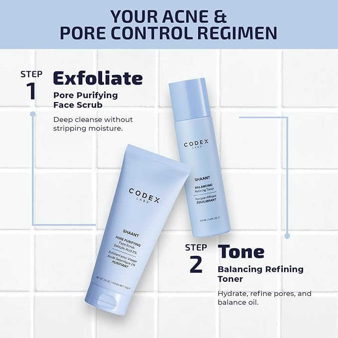 Codex Labs Shaant Deep Cleanse & Tone Kit, Pore Purifying Scrub (100g) & Refining Toner (100ml) - Oil Control & Pore Minimizer - for Acne Prone Skin - with 2% Salicylic Acid, 2% Gluconolactone (PHA)-FemmiqueWomen