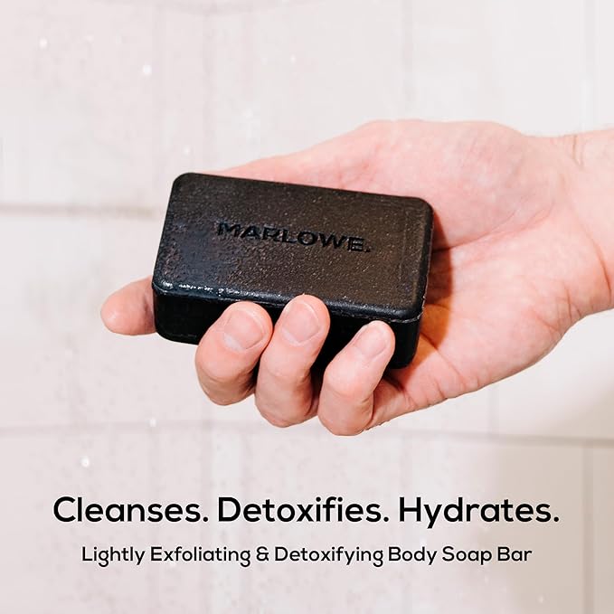 MARLOWE. No. 106 Charcoal Soap 7 oz (12 Bars) Body Bar Soap for Men, Cleansing, Purifying & Hydrating with Natural Extracts, Shea Butter, Olive Oil & Green Tea Extracts, Fresh Woodsy Scent-FemmiqueWomen
