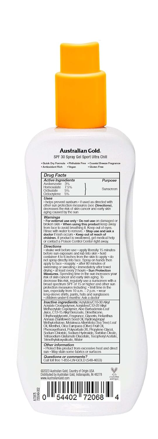 Australian Gold Extreme Sport Spray Gel Sunscreen SPF 30, 8 Ounce | Broad Spectrum | Sweat & Water Resistant | Non-Greasy | Oxybenzone Free | Cruelty Free-FemmiqueWomen