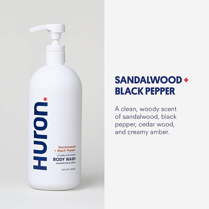 Huron Men’s Moisturizing Body Wash - Clean & Woody Scent of Sandalwood, Black Pepper, Cedarwood, & Amber - Made With Coconut Oil, Vitamin E & Witch Hazel - Vegan, Cruelty-Free - 32 fl oz-FemmiqueWomen