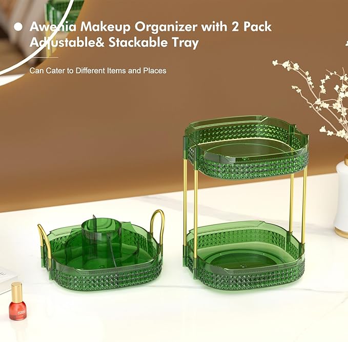 Awenia Rotating Makeup Organizer 360, Stackable Adjustable Large Capacity Cosmetic Storage Unit,Dresser Bathroom Kitchen Countertop Organizer with Metal Handle, Plus Size (Gem Green, 3 Tier)-FemmiqueWomen