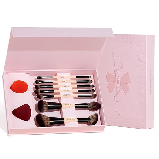 Jessup Makeup Brushes Set with Makeup Sponge, 7pcs Double Sided Makeup Brushes for Foundation Concealer Blush Eyeshadow Contour Bronzer Powder Blending Eyebrow Eyeliner with Gift Box, T506-FemmiqueWomen