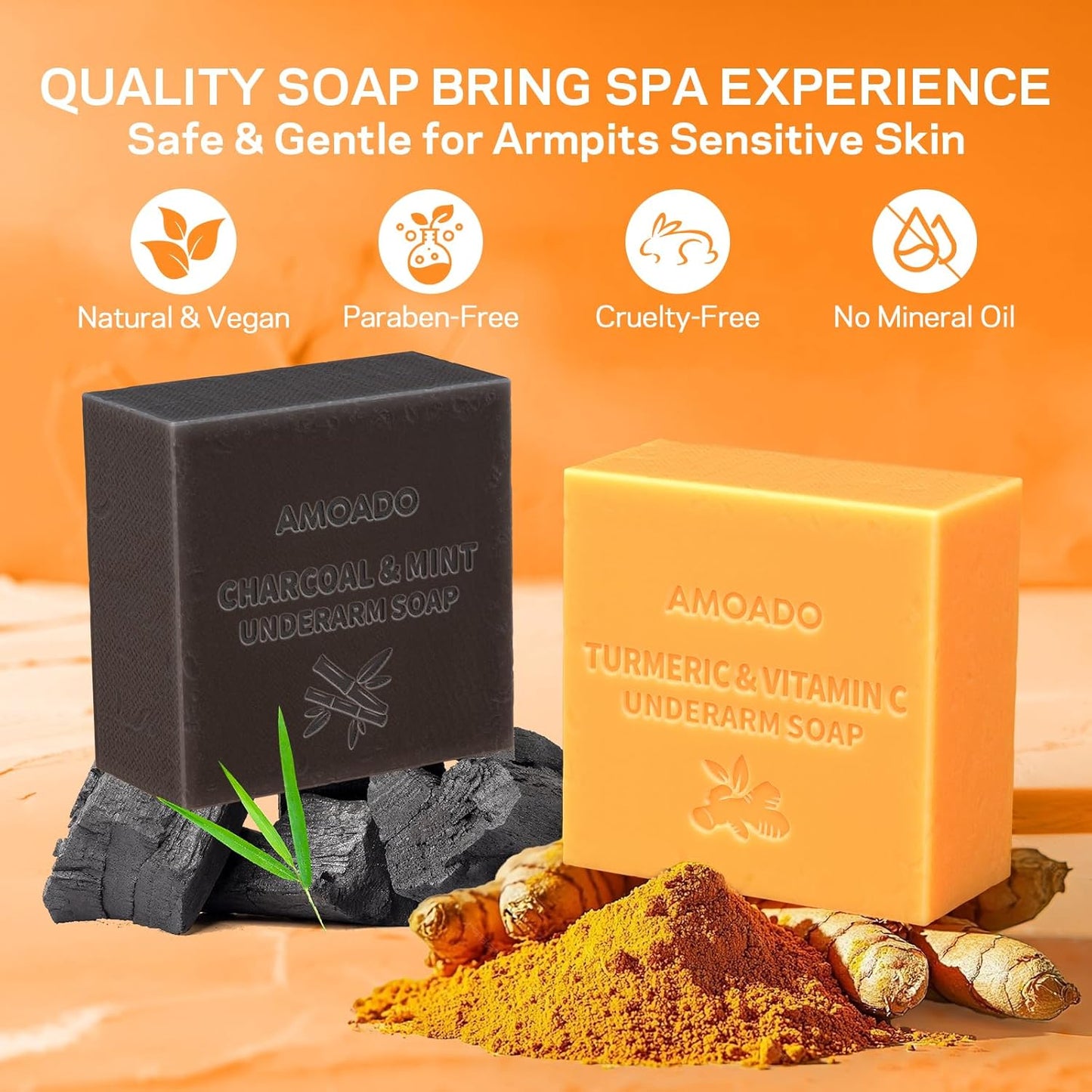 Armpit Detox Soap Set, Underarm Brightening Deodorant Soaps for Dark Armpit Remover, Eliminate Odor, Natural Turmeric Bar with VC, Charcoal Soap with Mint - included Sisal Mesh Bag-FemmiqueWomen