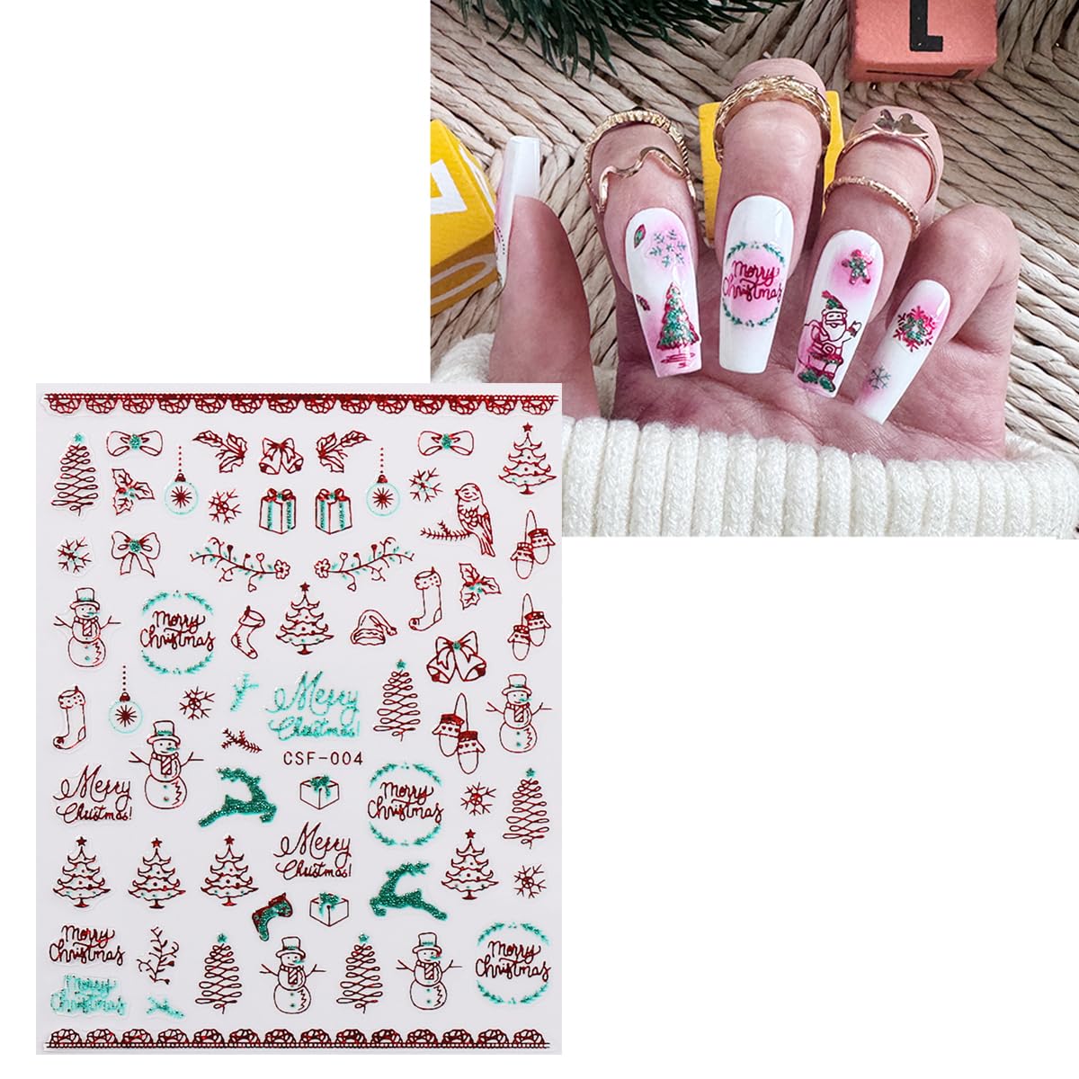 JMEOWIO 9 Sheets Christmas Glitter Nail Art Stickers Decals Self-Adhesive Green Red Snowflake Winter Holiday Nail Supplies Nail Art Design Decoration Accessories-FemmiqueWomen