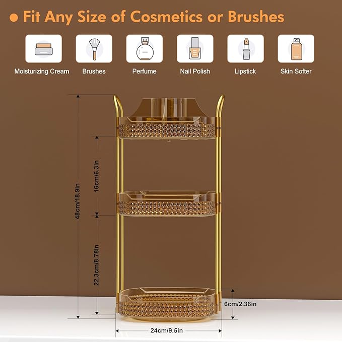 Awenia Rotating Makeup Organizer 360, Stackable Adjustable Large Capacity Cosmetic Storage Unit,Dresser Bathroom Kitchen Countertop Organizer with Metal Handle, Plus Size (Honorable Gold, 3 Tier)-FemmiqueWomen