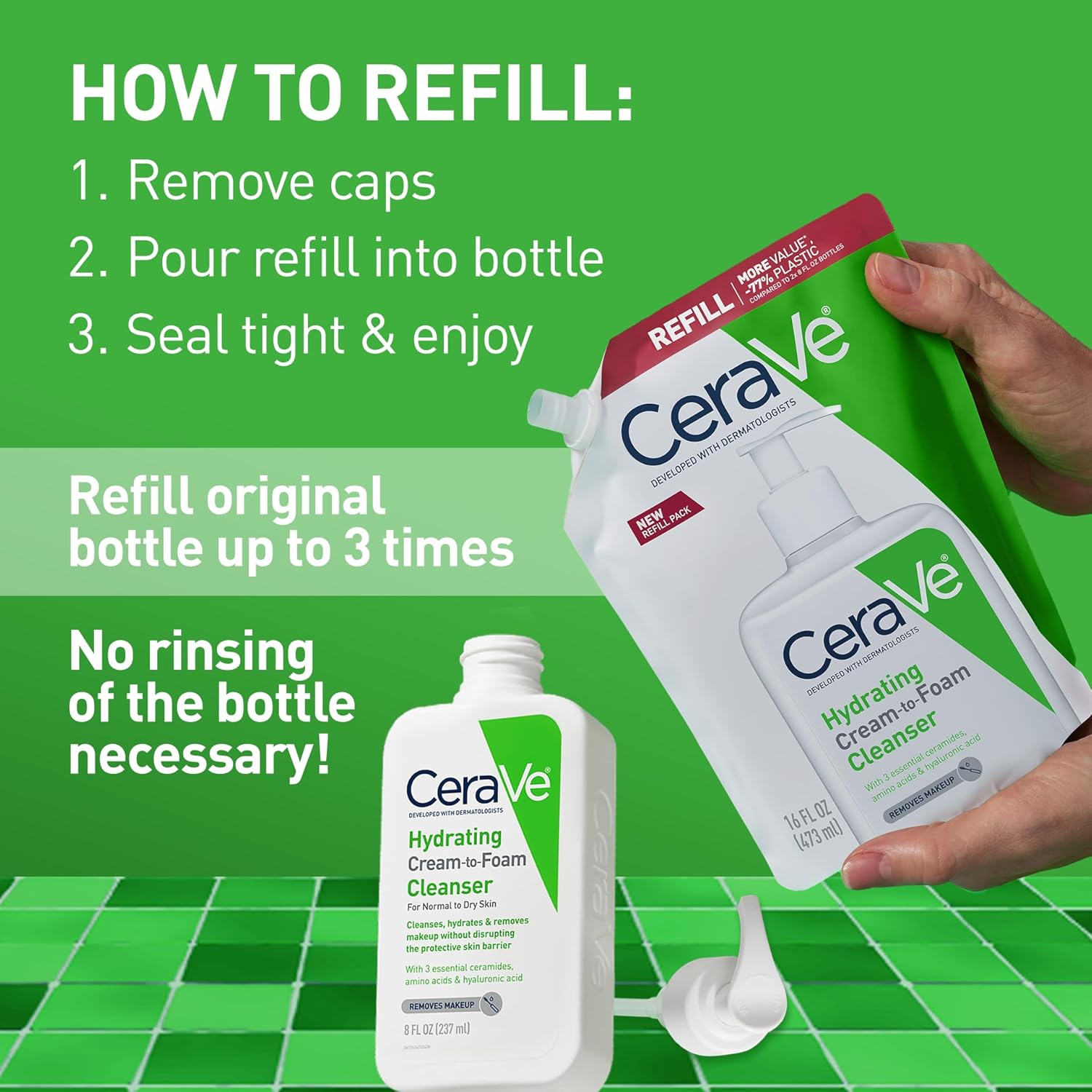 CeraVe Hydrating Cream To Foam Cleanser, Makeup Remover Face Wash For Dry Skin, Foaming Facial Cleanser With Hyaluronic Acid, Normal To Dry Skin, Fragrance Free & Non Comedogenic, 16 Ounce Refill-FemmiqueWomen