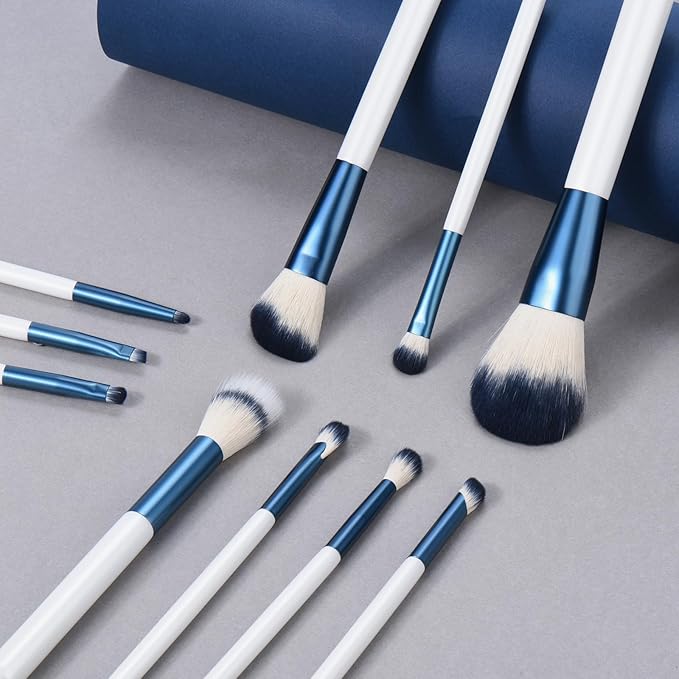 Makeup Brushes Set With Case 10Pcs White Makeup Brush Kit Foundation Eyeshadow Powder Blending Kabuki Eyebrow Eyelash Brushes Cosmetic Brush Travel Kit Gift (White+Blue)-FemmiqueWomen