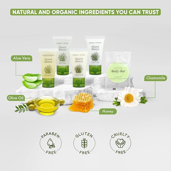 Desert Breeze Hotel Soaps and Toiletries Bulk Set | 1oz Hotel Shampoo & Conditioner, Body Wash, Body Lotion & Bar Soap | Full Pallet 49 cases with 300 units each - 14,700 pieces-FemmiqueWomen