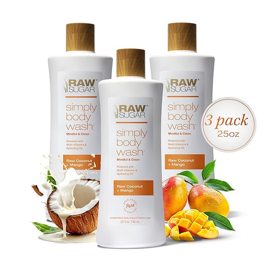 RAW SUGAR Simply Body Wash - Raw Coconut + Mango, Moisturizing & Soothing Bath & Shower Gel, Sulfate-Free, Paraben-Free & Vegan (Pack of 3)-FemmiqueWomen