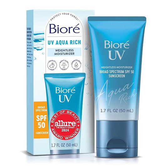 Bioré UV Aqua Rich Daily Hydrating Facial Moisturizer with SPF 50 | Oil Free Sunscreen & Primer for Makeup with Hyaluronic Acid, No White Cast, Non-Comedogenic, For Sensitive Skin, PA++++, 1.7 Oz-FemmiqueWomen