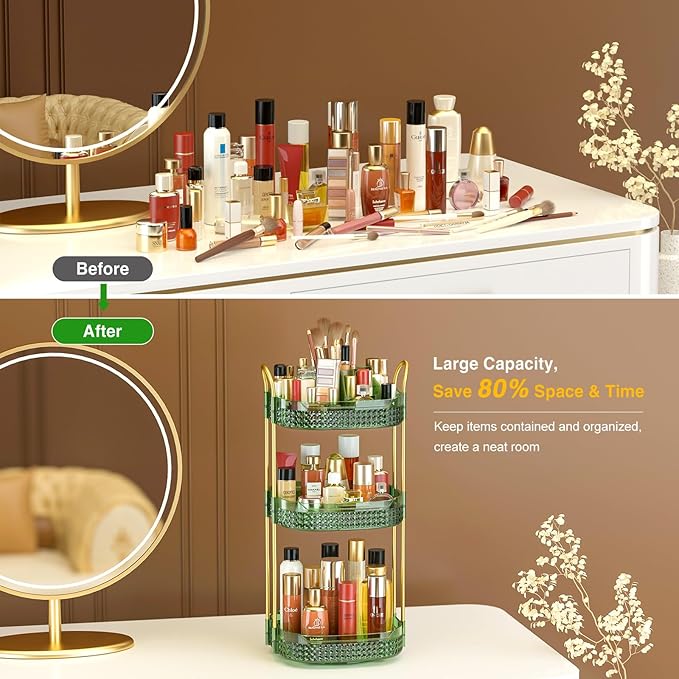 Awenia Rotating Makeup Organizer 360, Stackable Adjustable Large Capacity Cosmetic Storage Unit,Dresser Bathroom Kitchen Countertop Organizer with Metal Handle, Plus Size (Gem Green, 3 Tier)-FemmiqueWomen