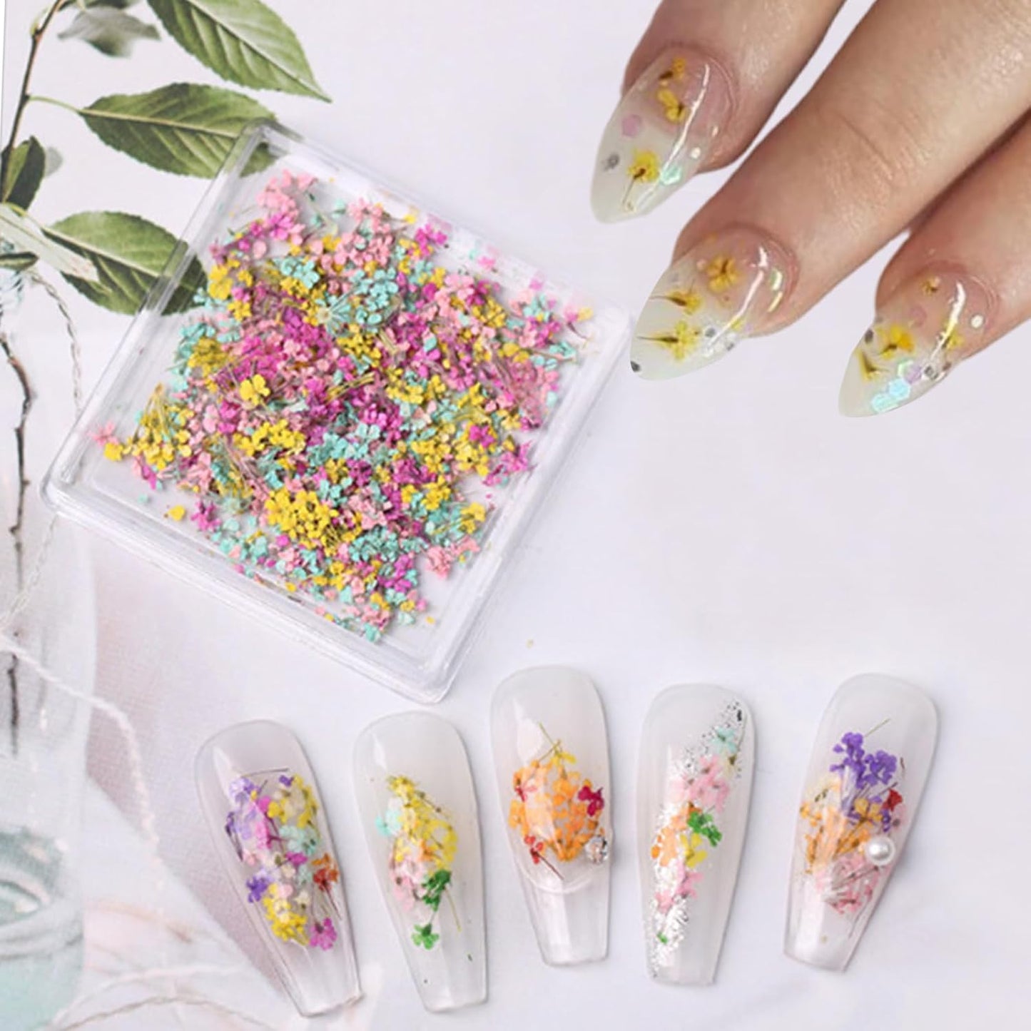 1 Box of Dried Flower Nail Stickers, Colored Dried Flower Nail Stickers, mini Real Flowers, Natural Flowers, 3D Baby's Breath Floral Art, Ladies and Girls DIY Nail Art Decoration-FemmiqueWomen