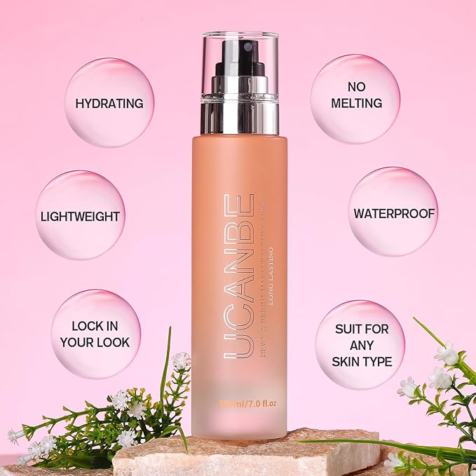 UCANBE Dewy Makeup Setting Spray, Moisturizing Finishing Spray Long Lasting Face Mist, Lightweight Hydrate Make Up Spray for Natural Glow, 7 Fl Oz Large Size-FemmiqueWomen