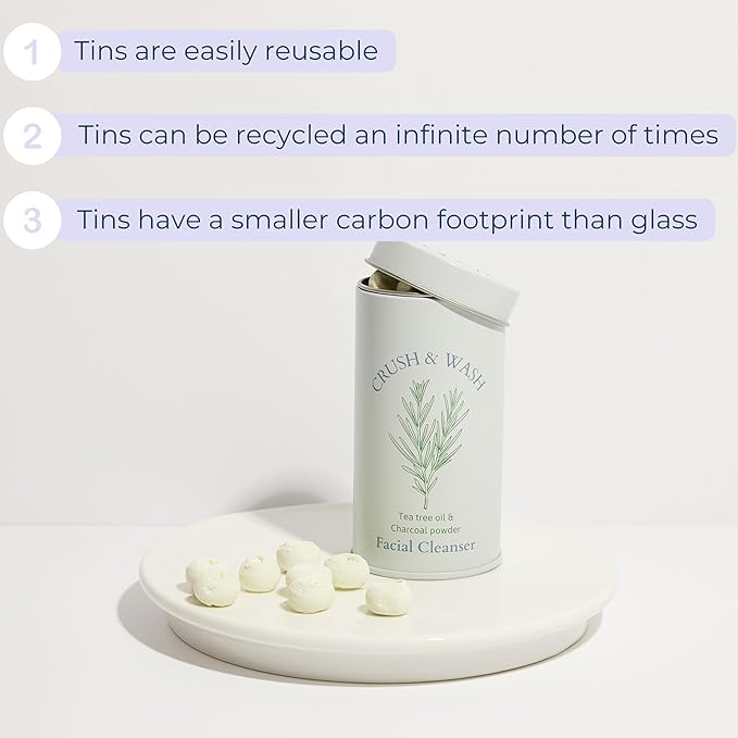 3-in-1 Solid Facial Cleanser, Exfoliator, and Wash-off Mask - Vegan, Cruelty-Free, Plastic-Free, Travel-Friendly, 1 Month Supply (60 Crushable Tablets) in Tin (Purifying Beans in Tin)-FemmiqueWomen