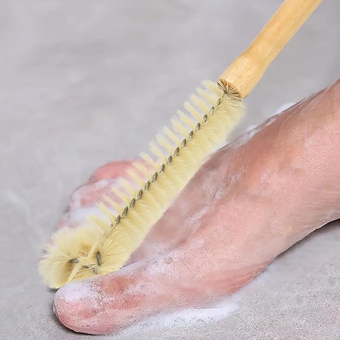 Long Handle Foot Brush for Shower,Toe Cleaning Brush for Elderly, Pregnant Moms Mobility Impaired Individuals, Easy-Grip with Hanging Hole Design (Natural Color)