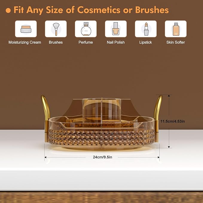 Awenia Rotating Makeup Organizer 360, Stackable Adjustable Large Capacity Cosmetic Storage Unit,Dresser Bathroom Kitchen Countertop Organizer with Metal Handle, Plus Size (Honorable Gold, 1 Tier)-FemmiqueWomen