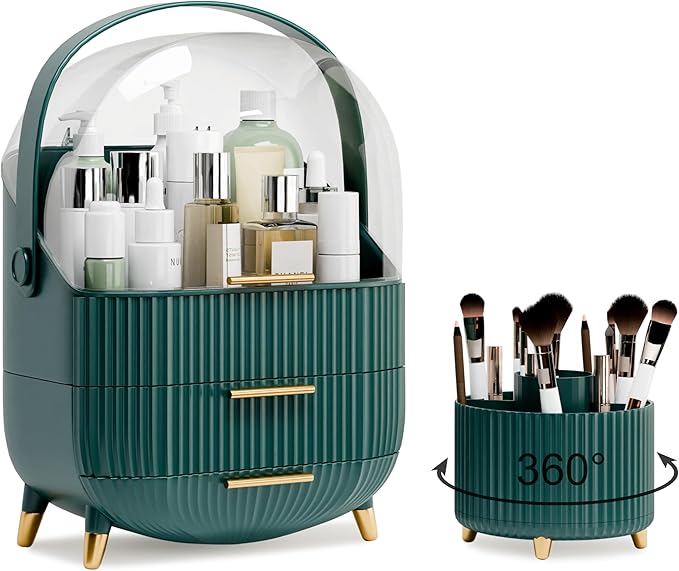 Makeup Organizers and Storage Make up Organizer for Vanity Cosmetics Skincare With Lid and Drawers Display Cases for Countertop Bathroom Women Teenager Girl Gifts(Dark Green+Brush Holder)-FemmiqueWomen