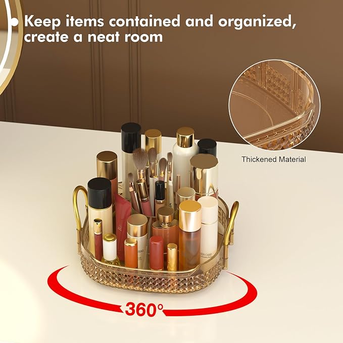 Awenia Rotating Makeup Organizer 360, Stackable Adjustable Large Capacity Cosmetic Storage Unit,Dresser Bathroom Kitchen Countertop Organizer with Metal Handle, Plus Size (Honorable Gold, 1 Tier)-FemmiqueWomen