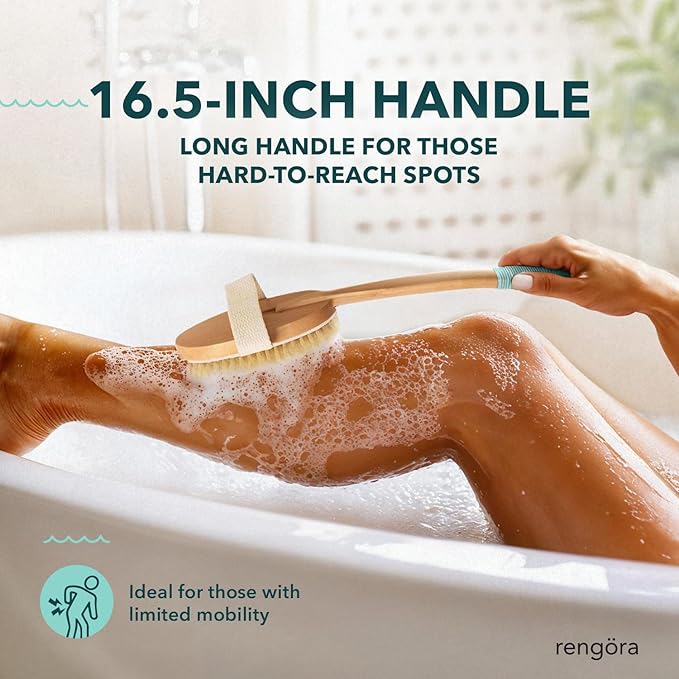 Long Handled Back Scrubber for Shower 18"" Handle Boar Bristle Back Brush – Wooden Bath Brush, Back Scrubbing Brush, Shower Brush, Body Scrub Brush, Bath Brush Long Handle for Shower by rengöra