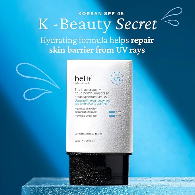belif Aqua Bomb SPF 45 Hydrating Niacinamide Sunscreen (1.69 fl. oz) - The True Cream PA++++, Daily Broad Spectrum, No White Cast, Weightless & Invisible, Non-Greasy, Korean Skincare-FemmiqueWomen