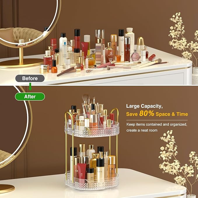 Awenia Rotating Makeup Organizer 360, Stackable Adjustable Large Capacity Cosmetic Storage Unit,Dresser Bathroom Kitchen Countertop Organizer with Metal Handle, Plus Size (Clear, 2 Tier)-FemmiqueWomen