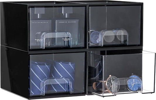 Vtopmart Black Stackable Storage Drawers,4.4‘’ Tall Cologne Organizer for Men,Plastic Containers for Vanity, Dresser,Office Desk,Bathroom Countertop Organization,Ideal for Room Decor,Gifts for Men-FemmiqueWomen