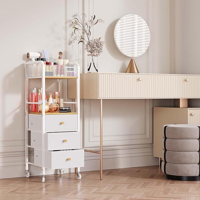 HapiRm Rolling Makeup Cart Organizer - Floor Skincare Make Up Storage with 3 Drawers, Vanity Organizer Cosmetic Display Cases Holder for Skin Care Perfume Nail Polish Brush Hair Tool-FemmiqueWomen