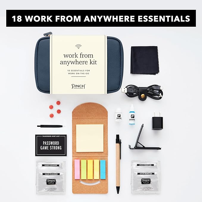 Pinch Provisions Work from Anywhere Kit, Includes 18 Essentials to Help You Stay on Task, Must-Have Essentials, Compact Multi-Functional Vegan Leather Pouch, Navy-FemmiqueWomen