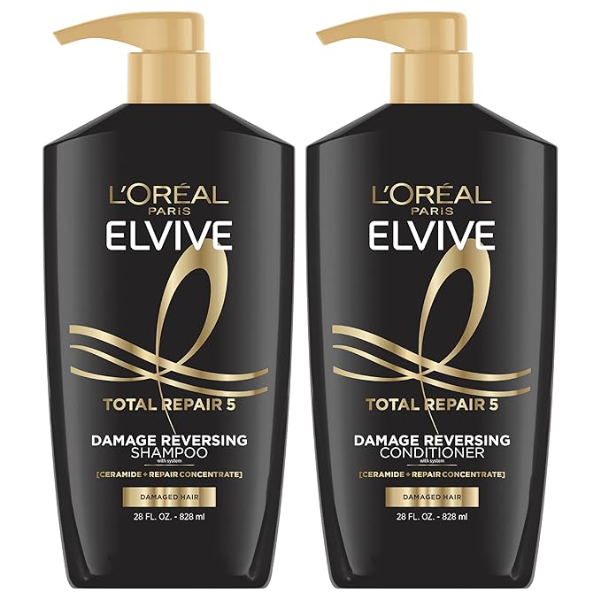 L'Oreal Paris Elvive Total Repair 5 Repairing Shampoo and Conditioner for Damaged Hair, 28 Ounce (Set of 2)(Packaging May Vary)-FemmiqueWomen