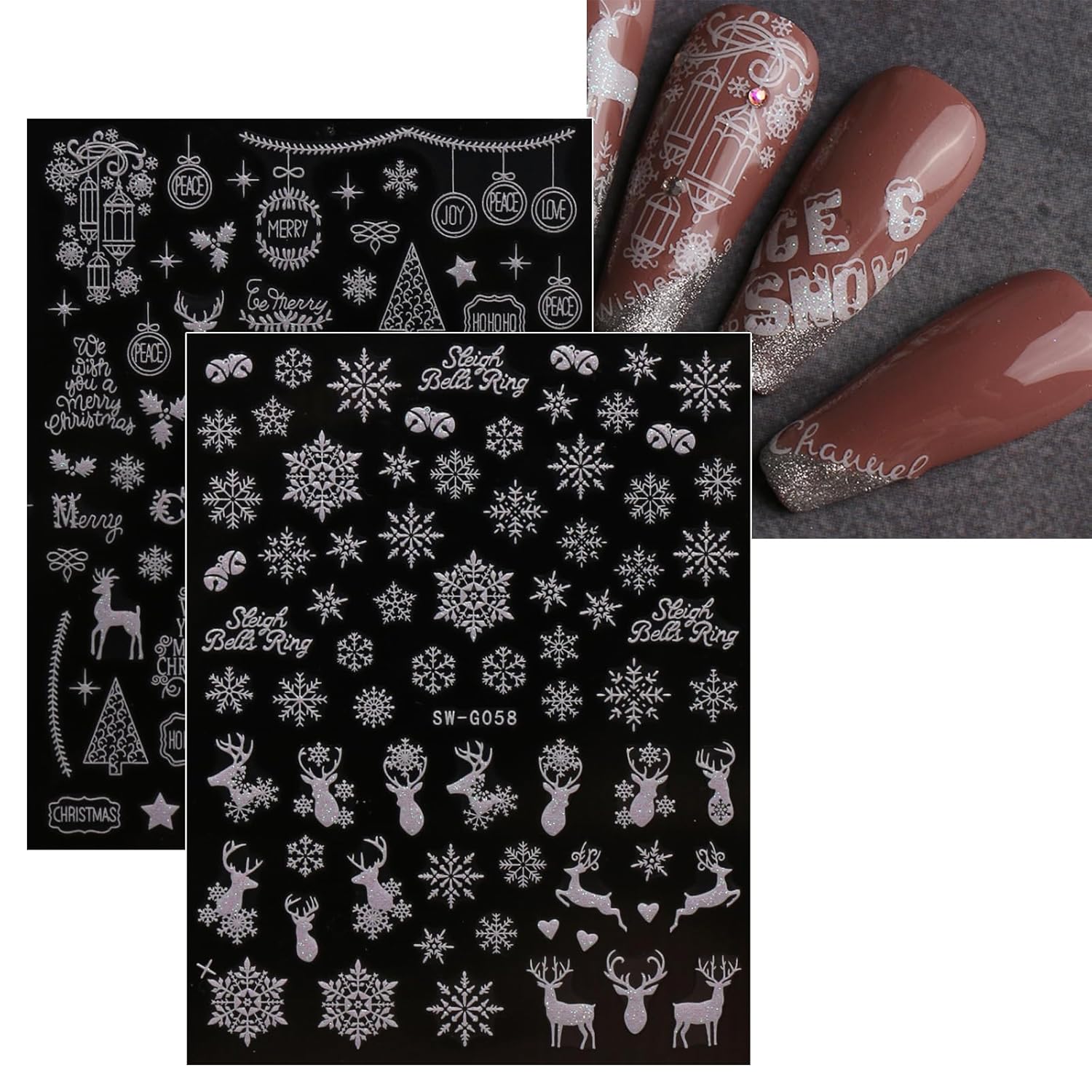 JMEOWIO 9 Sheets Christmas Glitter Nail Art Stickers Decals Self-Adhesive Snowflake Winter Holiday White Nail Supplies Nail Art Design Decoration Accessories-FemmiqueWomen