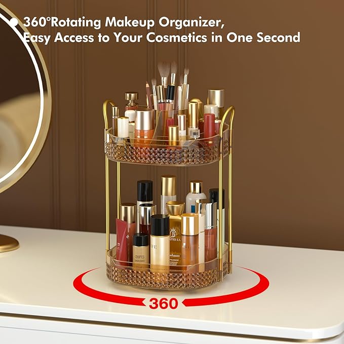 Awenia Rotating Makeup Organizer 360, Stackable Adjustable Large Capacity Cosmetic Storage Unit,Dresser Bathroom Kitchen Countertop Organizer with Metal Handle, Plus Size (Honorable Gold, 2 Tier)-FemmiqueWomen
