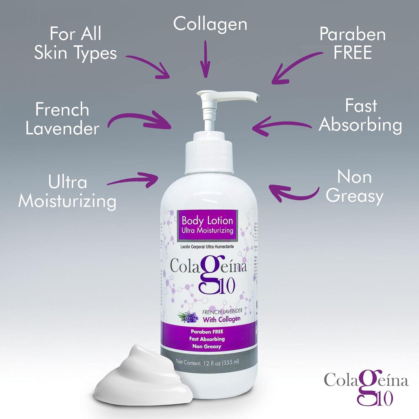 Colageina 10 Ultra Moisturizing Body Lotion (12 fl oz) - French Lavender - Non Greasy, Fast Absorbing, Anti-Aging, Daily Lotion Powered by Hydrolyzed Collagen-FemmiqueWomen