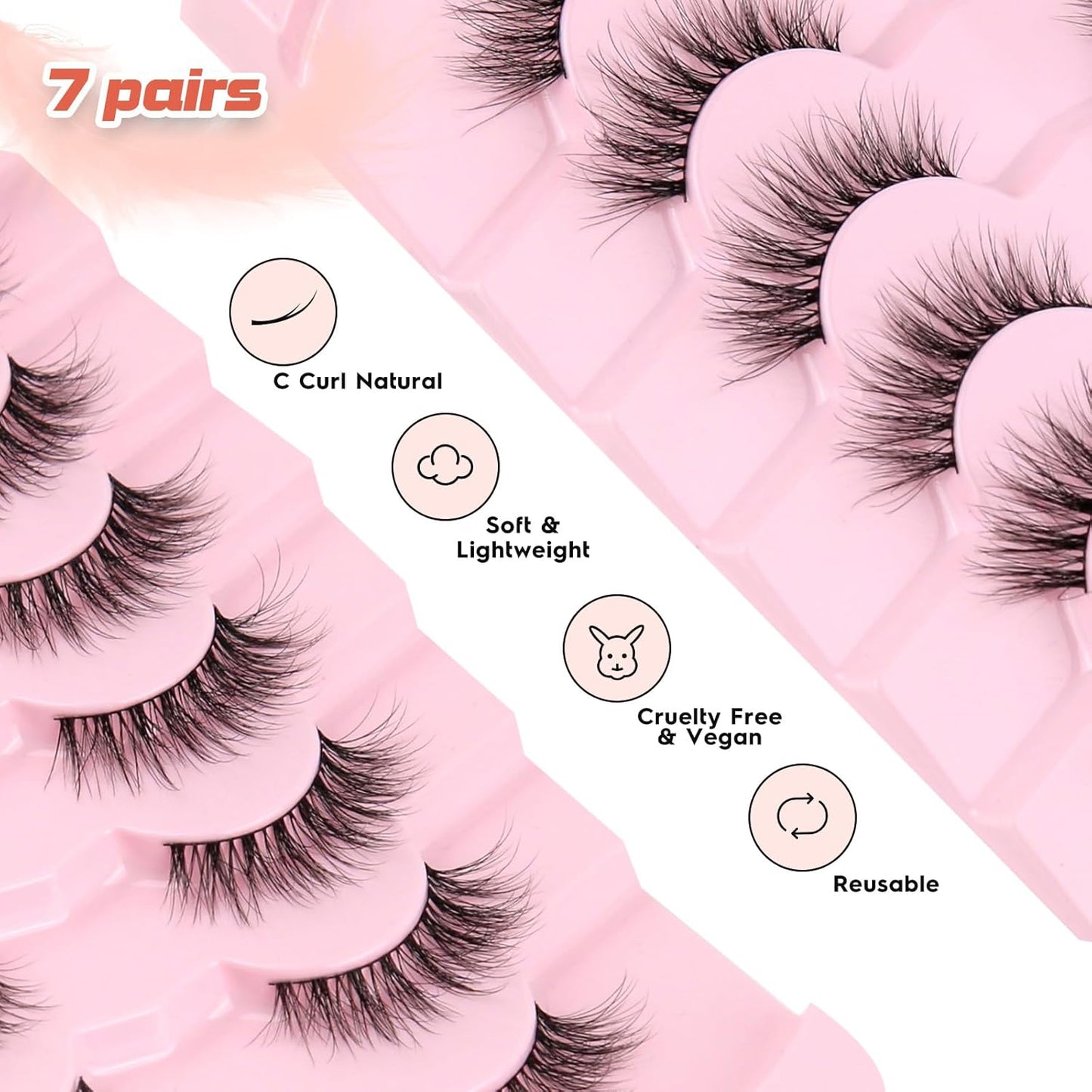 Natural Cat Eye Lashes Wispy Eyelashes 14mm Lightweight False Eyelashes 3D Volume Natural Strip Lashes 0.1mm Thin Cotton Band Lashes Pack C Curl Soft Lashes 7 Pairs Siligli-FemmiqueWomen