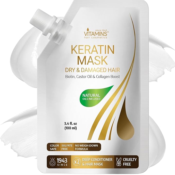 VITAMINS hair cosmetics Keratin Hair Mask - Deep Repair Conditioner with Biotin & Castor Oil - For Damaged, Dry, Curly, Straight, Thin & Fine Hair - Intense Collagen Protein Treatment-FemmiqueWomen