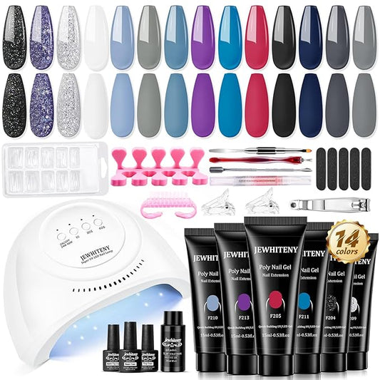 JEWHITENY Poly Nail Gel Kit 14 Colors Purple Nude Grey Black Blue Glitter Tones Starter Kit with UV Lamp Matte & Glossy Top & Base Coat All-in-One Designs DIY At Home-FemmiqueWomen