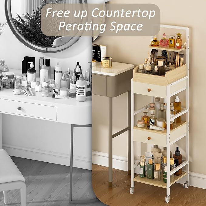 Wisdom Star Makeup Organizer Cart with 2 Drawers, Floor Skincare Organizers, Makeup Storage, Vanity Organizer, Cosmetics Display, Versatile Skin care Perfume Nail Polish Storage Rack for Bathroom-FemmiqueWomen