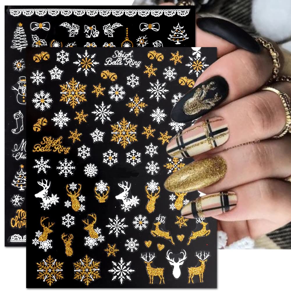 JMEOWIO 9 Sheets Christmas Nail Art Stickers Decals Self-Adhesive Pegatinas Uñas Bling Snowflake Snowman Holiday White Gold Nail Supplies Nail Art Design Decoration Accessories-FemmiqueWomen