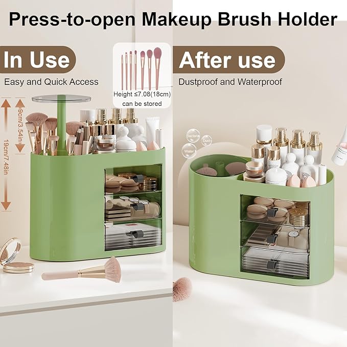DASITON Makeup Organizer with 3 Drawers,Automatic Lifting Makeup Brush Holder with Lid,Large Capacity Makeup Organizers for Vanity,Bathroom Countertop,Ideal Storage Skin Care,Brushes,Lipstick (Green)-FemmiqueWomen