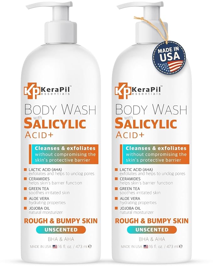 Salicylic Acid Body Wash - Skin Non-drying, Gentle Exfoliates Rough and Bumpy Skin, Body Acne Wash, BHA & AHA - Unscented Exfoliating Body Wash, Made in USA - (16 fl oz x 2)-FemmiqueWomen