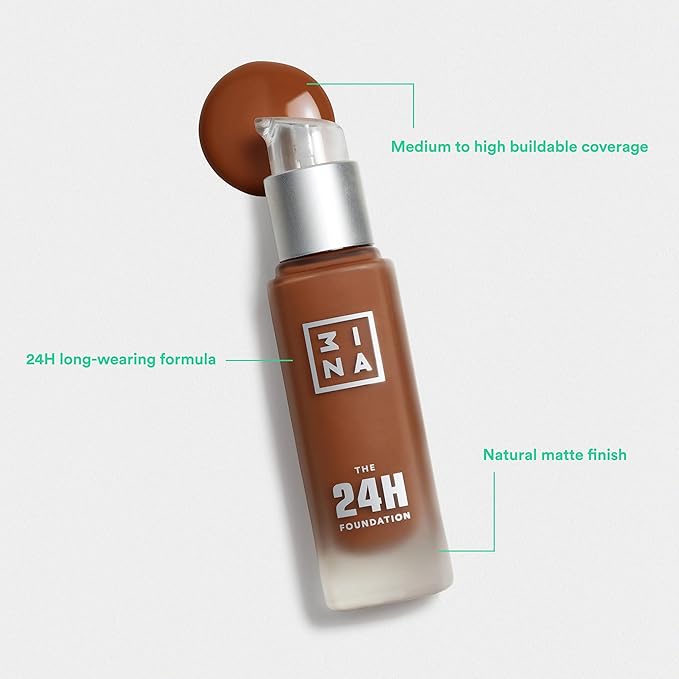 3INA The 24H Foundation 672-24H Long-Wearing Formula - Medium To High Buildable Coverage - Smooth Matte Finish - Expanded Shade Selection - Waterproof, Cruelty Free, Vegan Makeup - 1.01 Oz-FemmiqueWomen