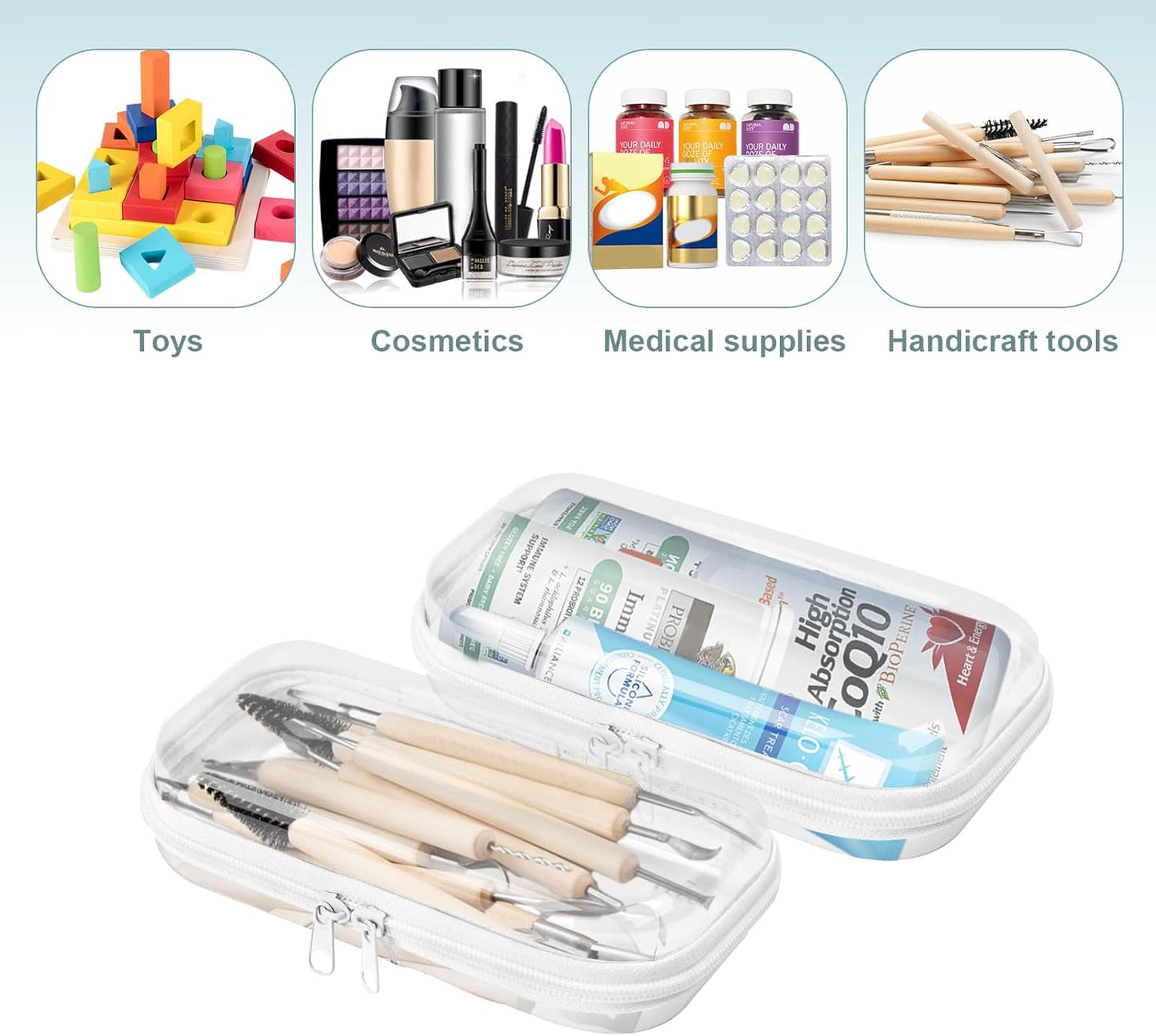 Set of 2 - Hard Sided Clear Zipper Case for Storage - Professional-Grade Plastic Hard Shell Zippered Organizers, Cosmetic Bag, Snack Bins-FemmiqueWomen