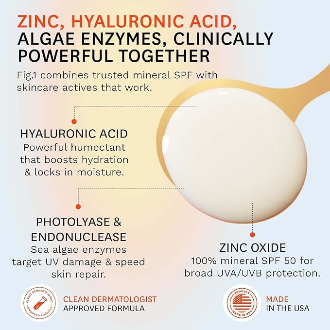 Fig.1 Mineral Sunscreen for Face SPF 50 | Zinc Oxide Face Sunscreen Moisturizer with Hyaluronic Acid & Antioxidant | Broad Spectrum Sun Protection –Fragrance-Free, Lightweight, Invisible Finish, 1.7oz-FemmiqueWomen