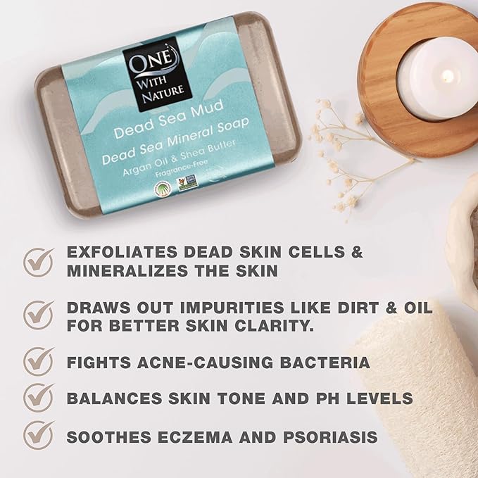 One With Nature Dead Sea Mineral Mud Soap Bar, 7 oz, Fragrance Free, Shea Butter, Argan Oil, Magnesium, Sulfur, 21 Minerals, Soothes Skin, Exfoliates-FemmiqueWomen