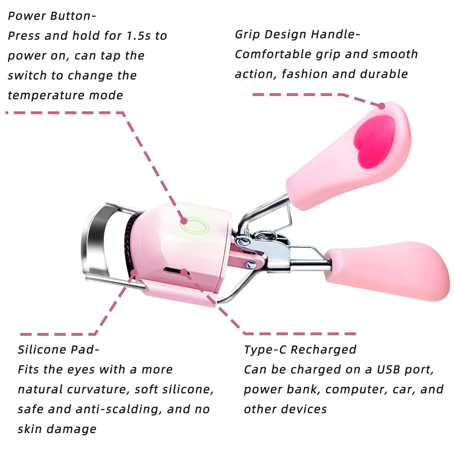 Pinkiou Heated Eyelash Curler for Women USB Rechargeable Lash Curler Long Lasting Ironing Electric Eyelash Curler with Silcone Pad Replacable Great Makeup Tools for Her-FemmiqueWomen
