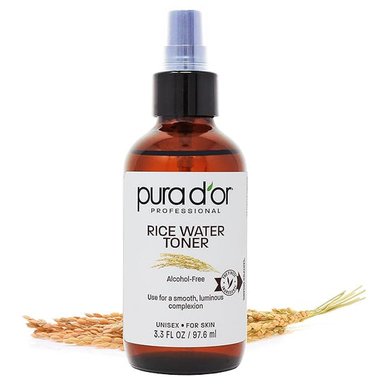 PURA D'OR 3.3 Oz Rice Water Facial Toner - Hydrating, Balancing & Soothing Formula with Natural Extracts - Skin Texture Support for Radiant Skin - Alcohol-Free - Travel Size-FemmiqueWomen