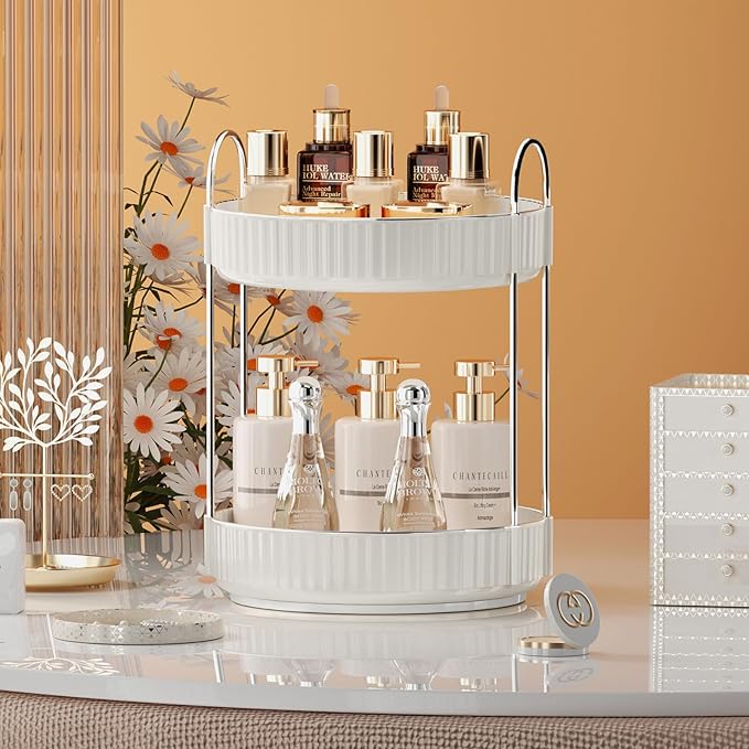 Rotating Makeup Organizer for Vanity, 2 Tier High-Capacity Skincare & Makeup Storage, Perfume Organizer, Cosmetic Dresser, Countertop 360 Spinning-FemmiqueWomen