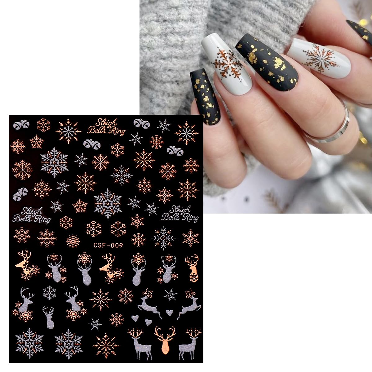 JMEOWIO 9 Sheets Christmas White Glitter Nail Art Stickers Decals Self-Adhesive Snowflake Winter Holiday Rose Gold Nail Supplies Nail Art Design Decoration Accessories-FemmiqueWomen
