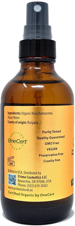 PRIME NATURAL Rose Water Spray 4oz/120ml, USDA Certified Organic, Facial Toner, Hydrating Mist for Face & Hair - Bulgarian, 100% Pure, Natural, Preservative-Free, Moisturizer from Fresh Rose Petals-FemmiqueWomen