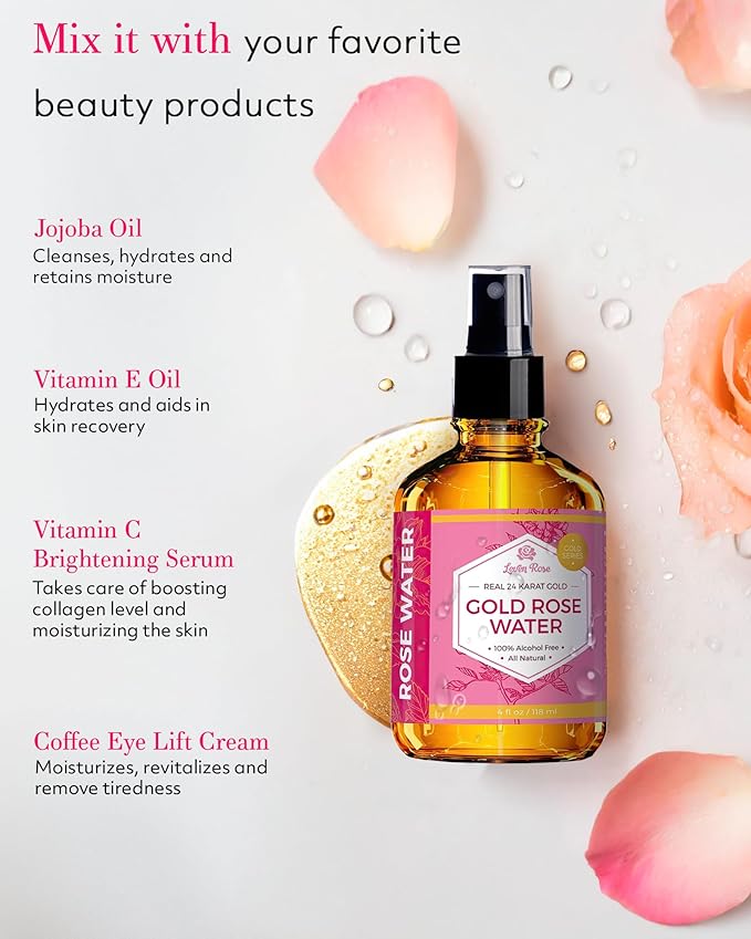24 Karat Gold Rose Water Toner by Leven Rose Natural Moroccan 24K Rosewater Toner 4 oz-FemmiqueWomen